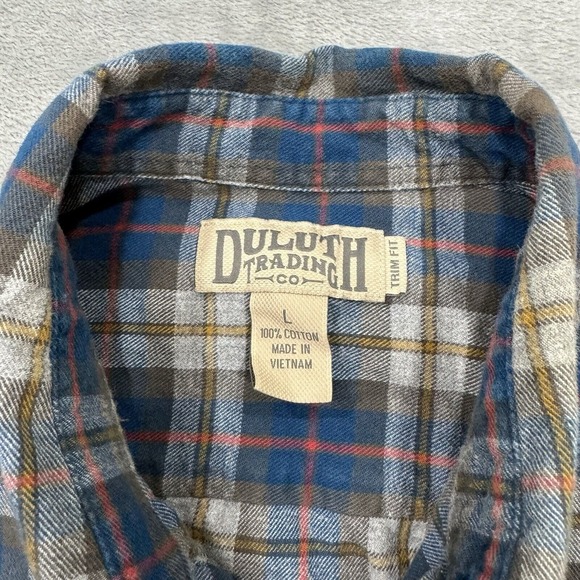 Duluth Shirt Mens Large Gray Blue Plaid Long Sleeve Button Down Trim Fit Pockets - Picture 6 of 7